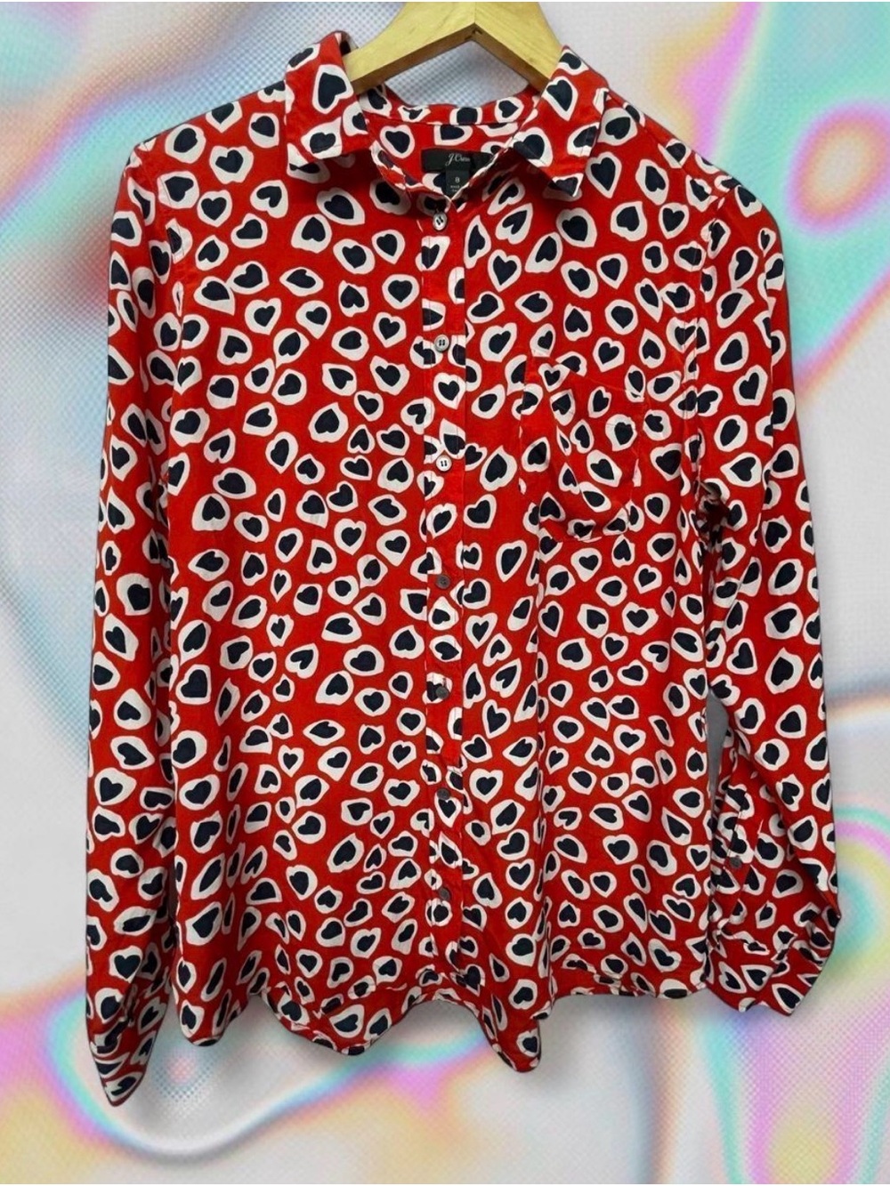 J. Crew Red Heart-Print Button-Down 100% Silk Long Sleeve Shirt Size 8
